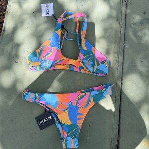 Skatie Women’s Tropical Two-Piece Bikini in Orange, Blue & Pink
